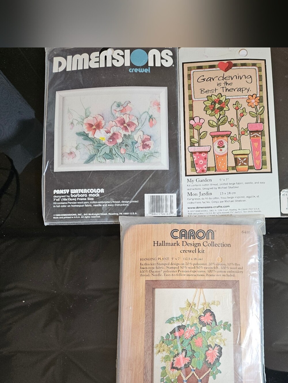 3 Crewel Embroidery Mini Floral Kit Dimensions "Hanging Plant" "My Garden" Pansy